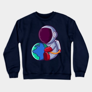 Cute Astronaut Holding Earth Cartoon Crewneck Sweatshirt